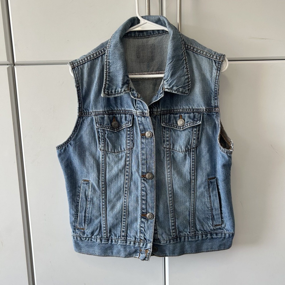 Old Navy Denim Vest Medium Wash Til My Lungs Give Out Graphic Skeleton Hand L